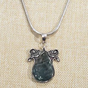 Unisex Handmade Natural Moss Agate Gem 925  Silver Thick, Heavy Pendant Necklace